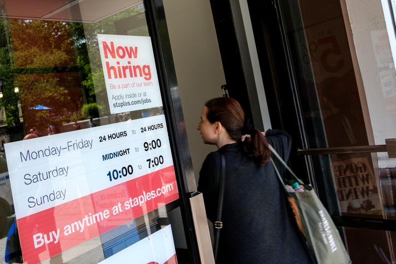 NEW YORK, NY - JUNE 2: A 'now hiring' sign is displayed on the front entrance to a Staples store, June 2, 2017 in New York City. While U.S. unemployment has hit it lowest level since 2001 at 4.3 percent for May, the U.S. economy added only 138,000 jobs last month and many Americans have stopped looking for work. (Photo by Drew Angerer/Getty Images)